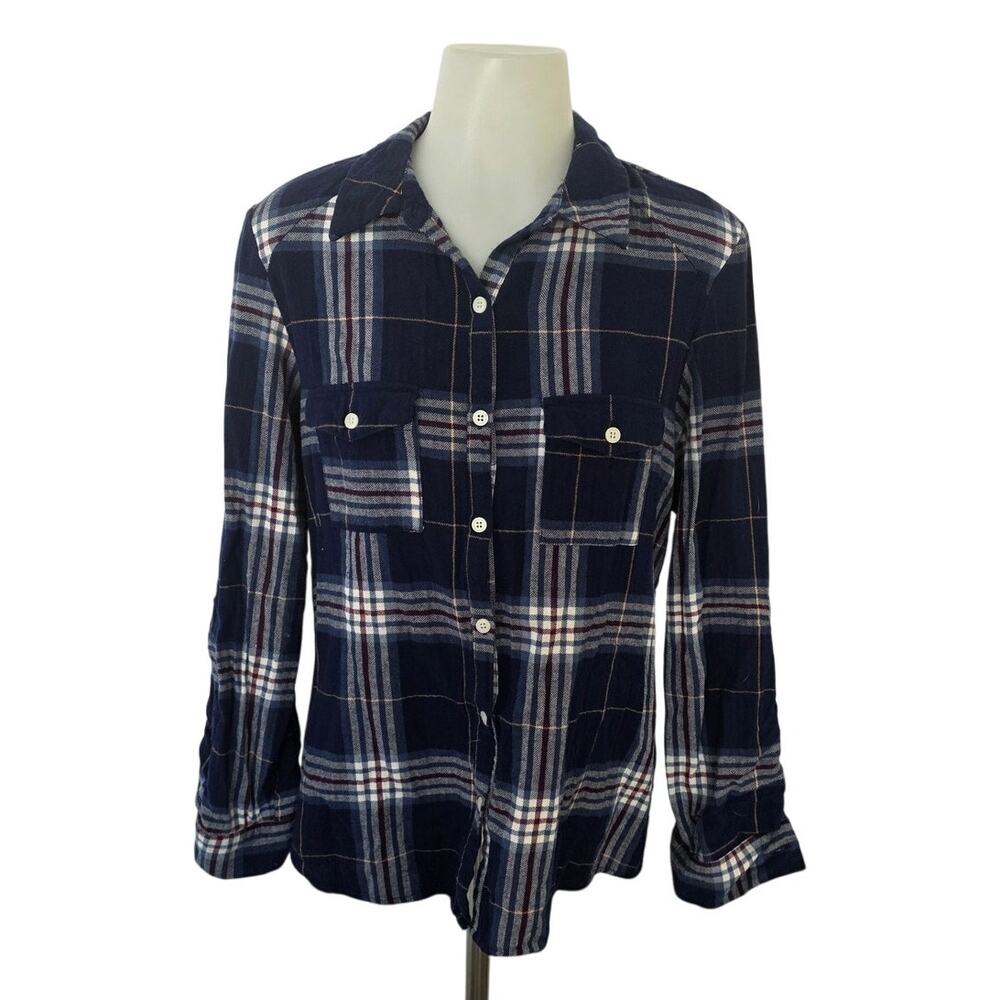 Charlotte Russe Blue Plaid Open Back Button Front Long Sleeve Shirt Large Basic